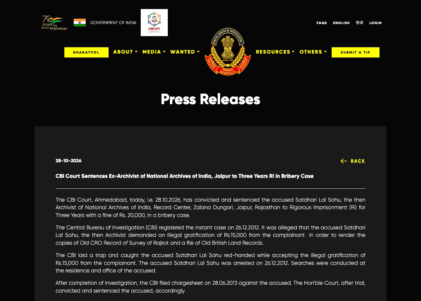 Screenshot of the CBI press release page, cbi.gov.in, 28 October 2026