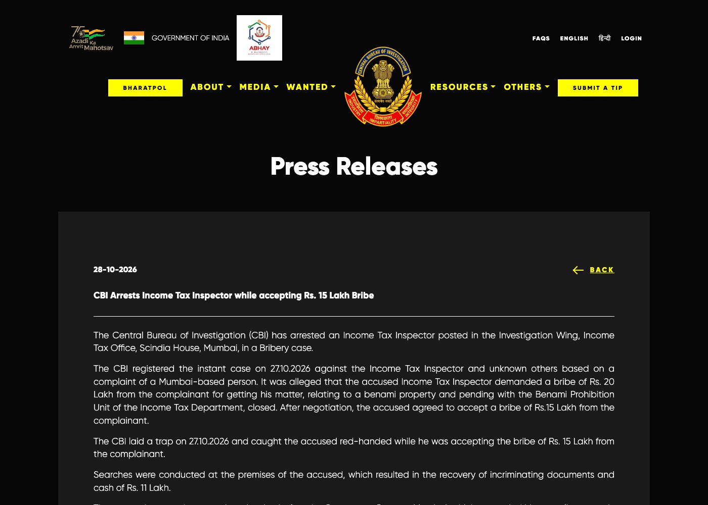 Screenshot of the CBI press release page, cbi.gov.in, 28 October 2026
